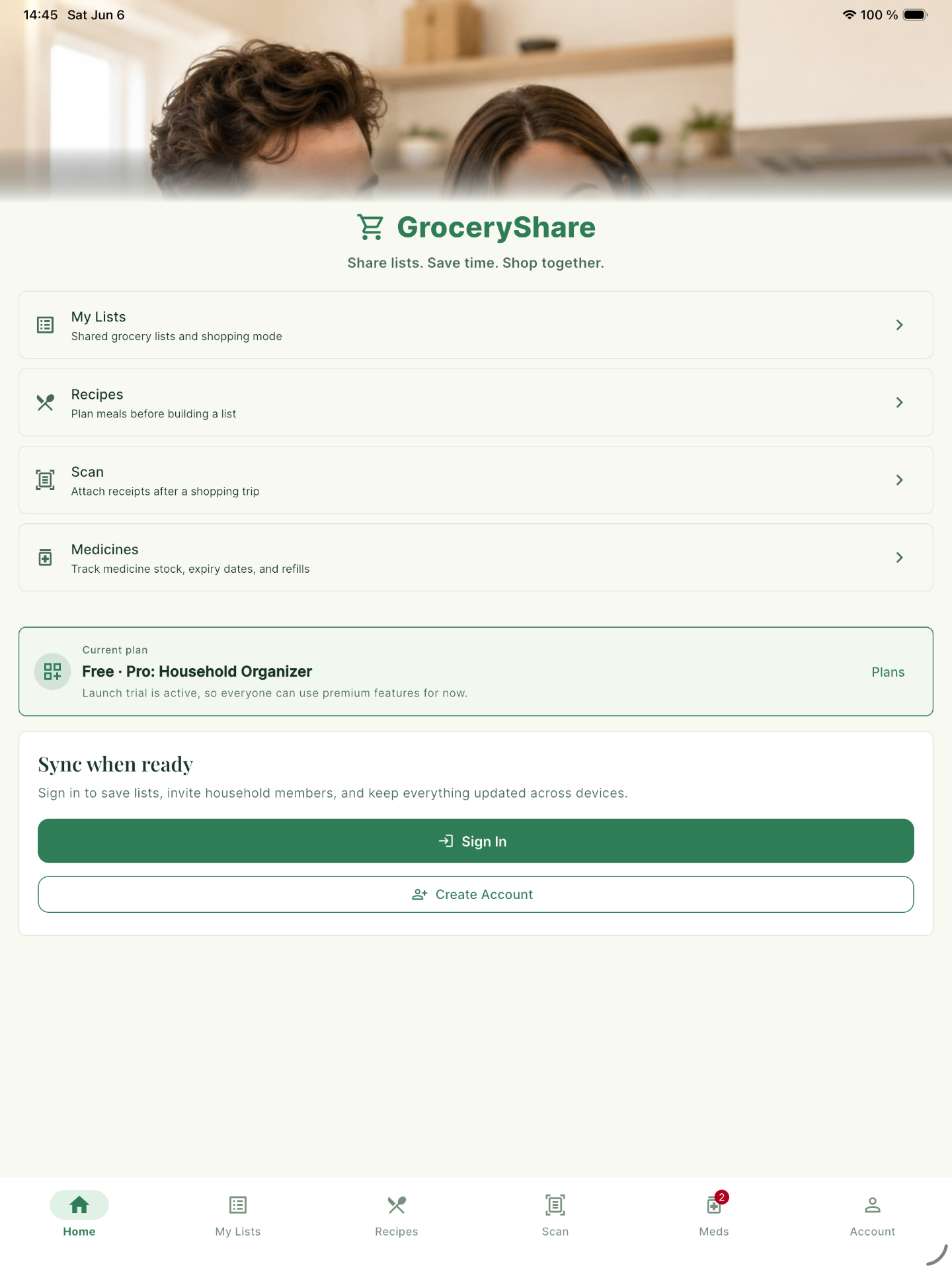 GroceryShare Home screen on iPad