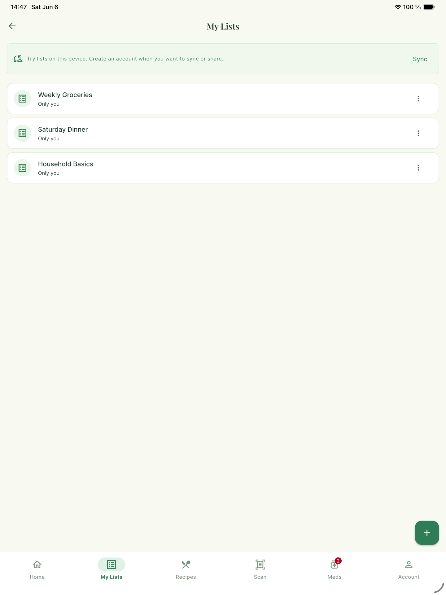 GroceryShare My Lists screen on iPad