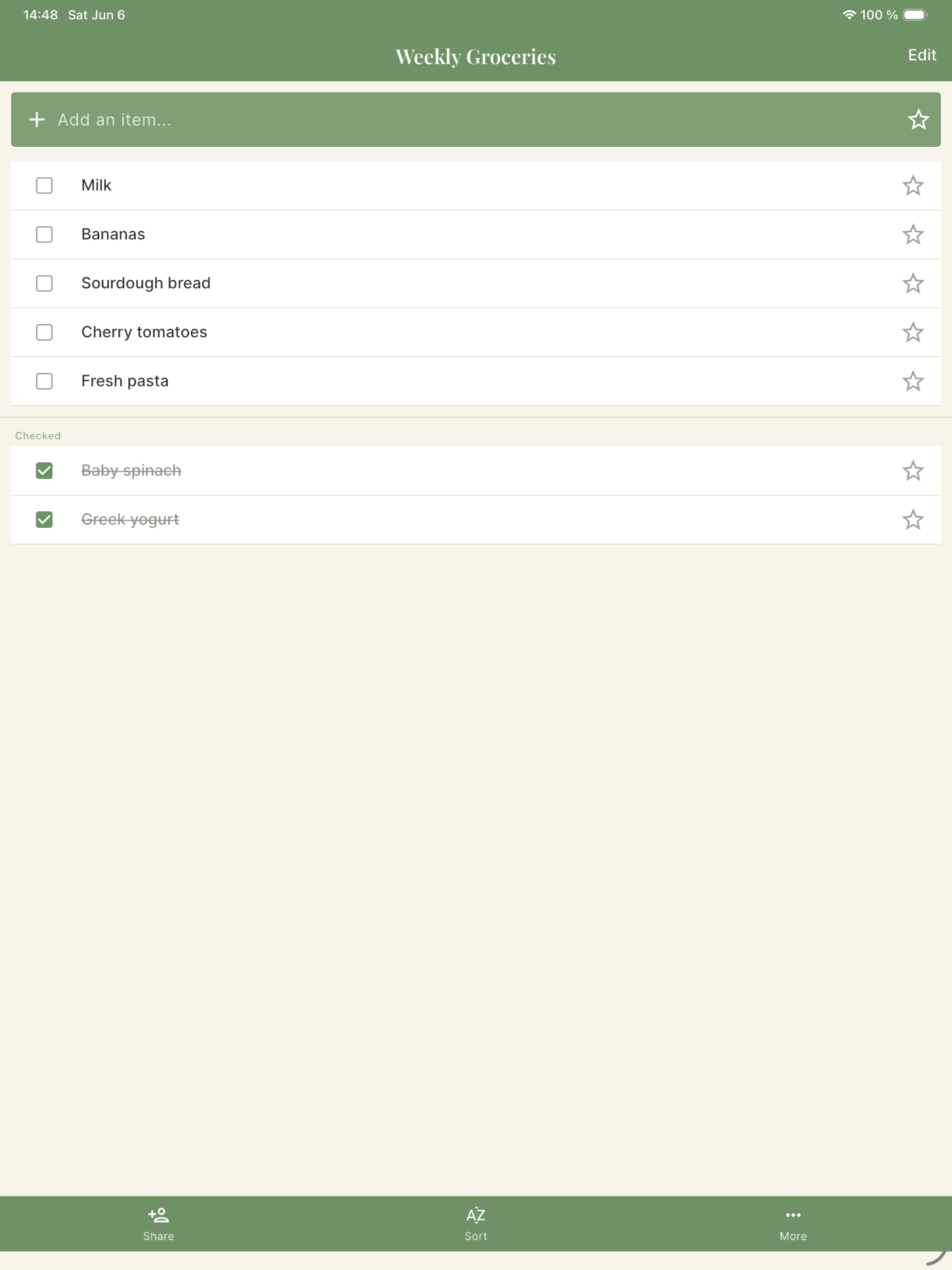 GroceryShare Shopping mode screen on iPad