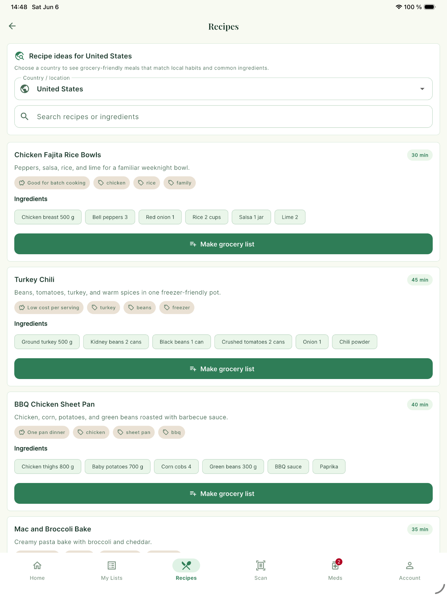 GroceryShare Recipes screen on iPad