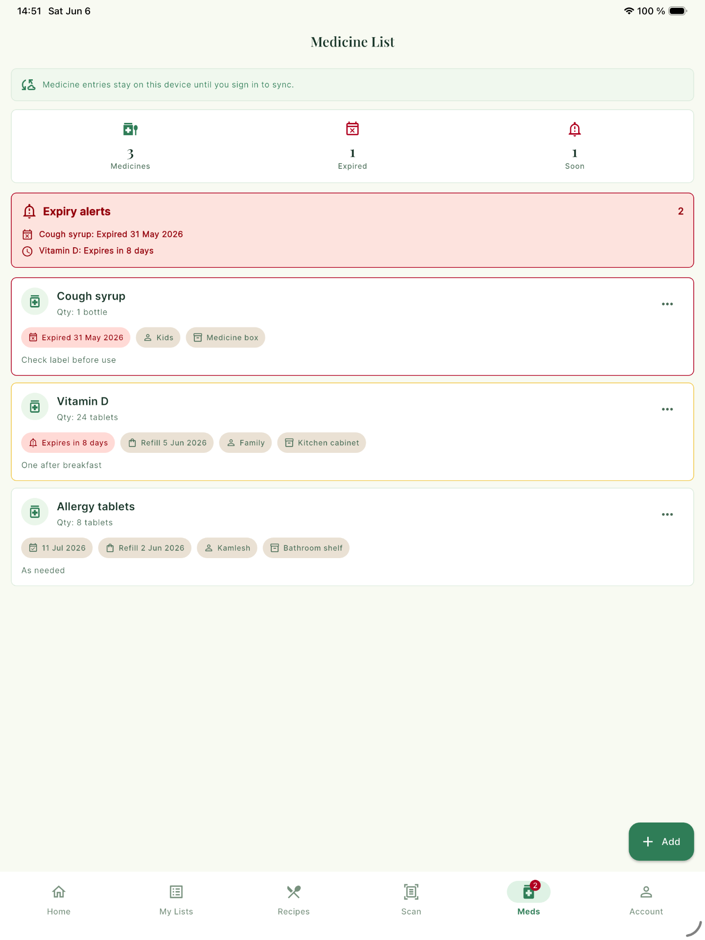 GroceryShare Medicines & alerts screen on iPad