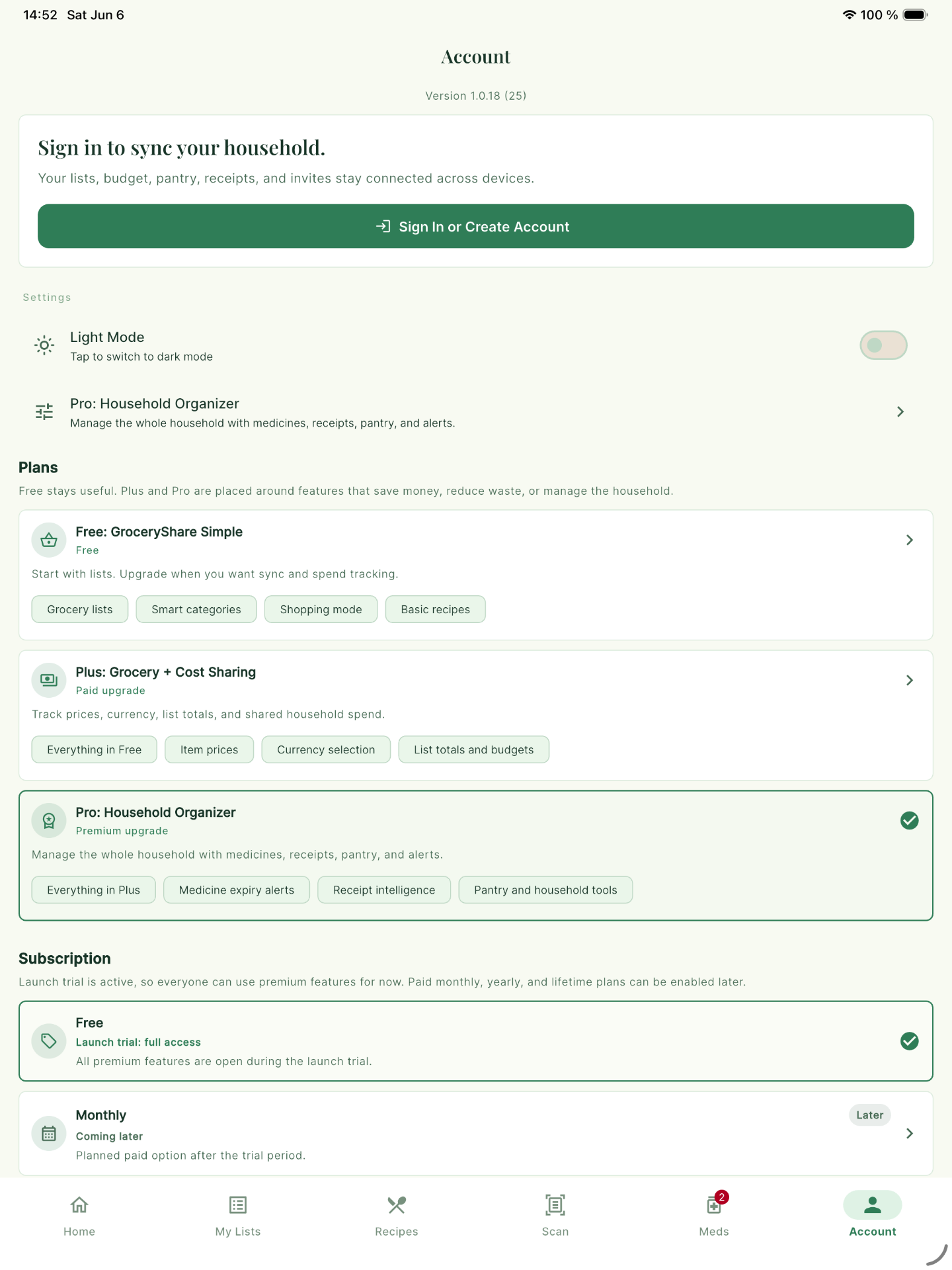 GroceryShare Plans screen on iPad