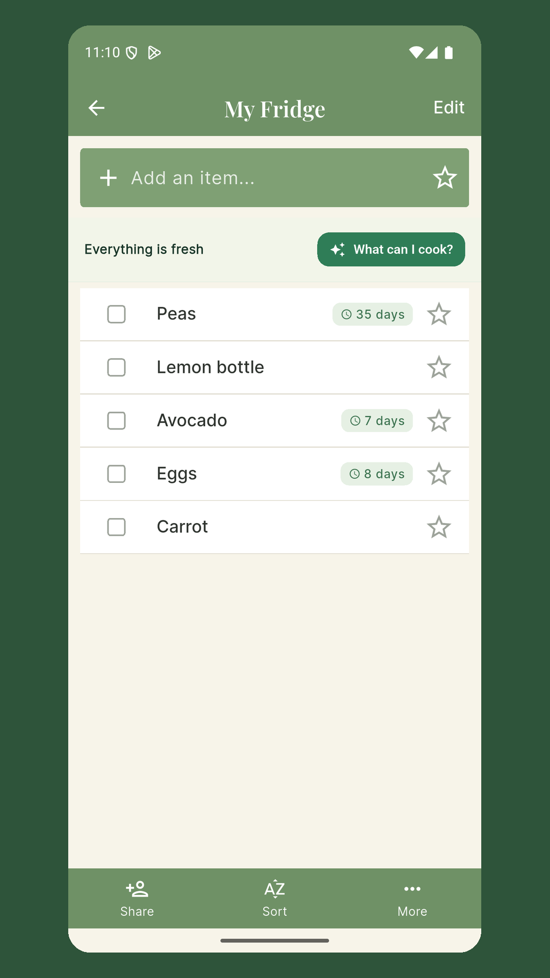 GroceryShare My Fridge screen on mobile