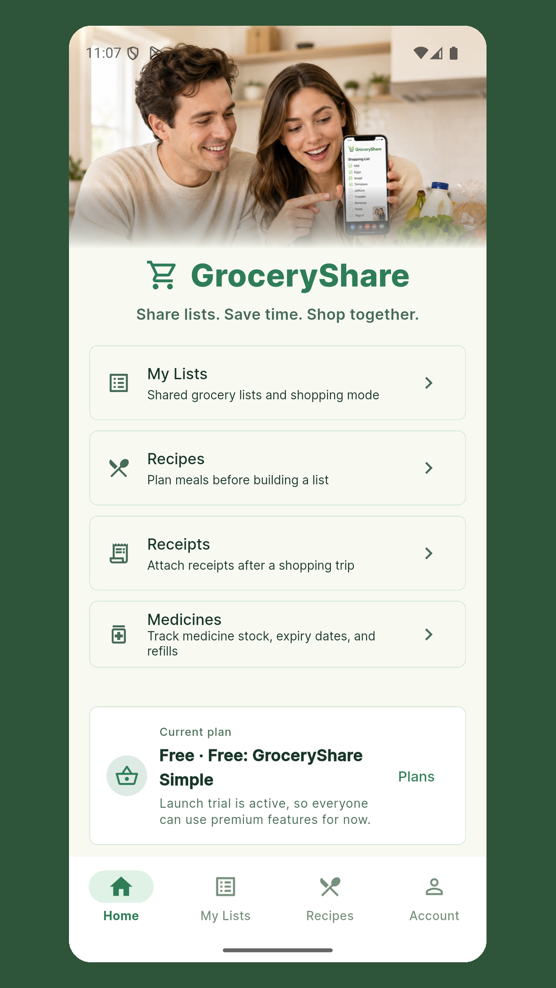 GroceryShare Home screen on mobile