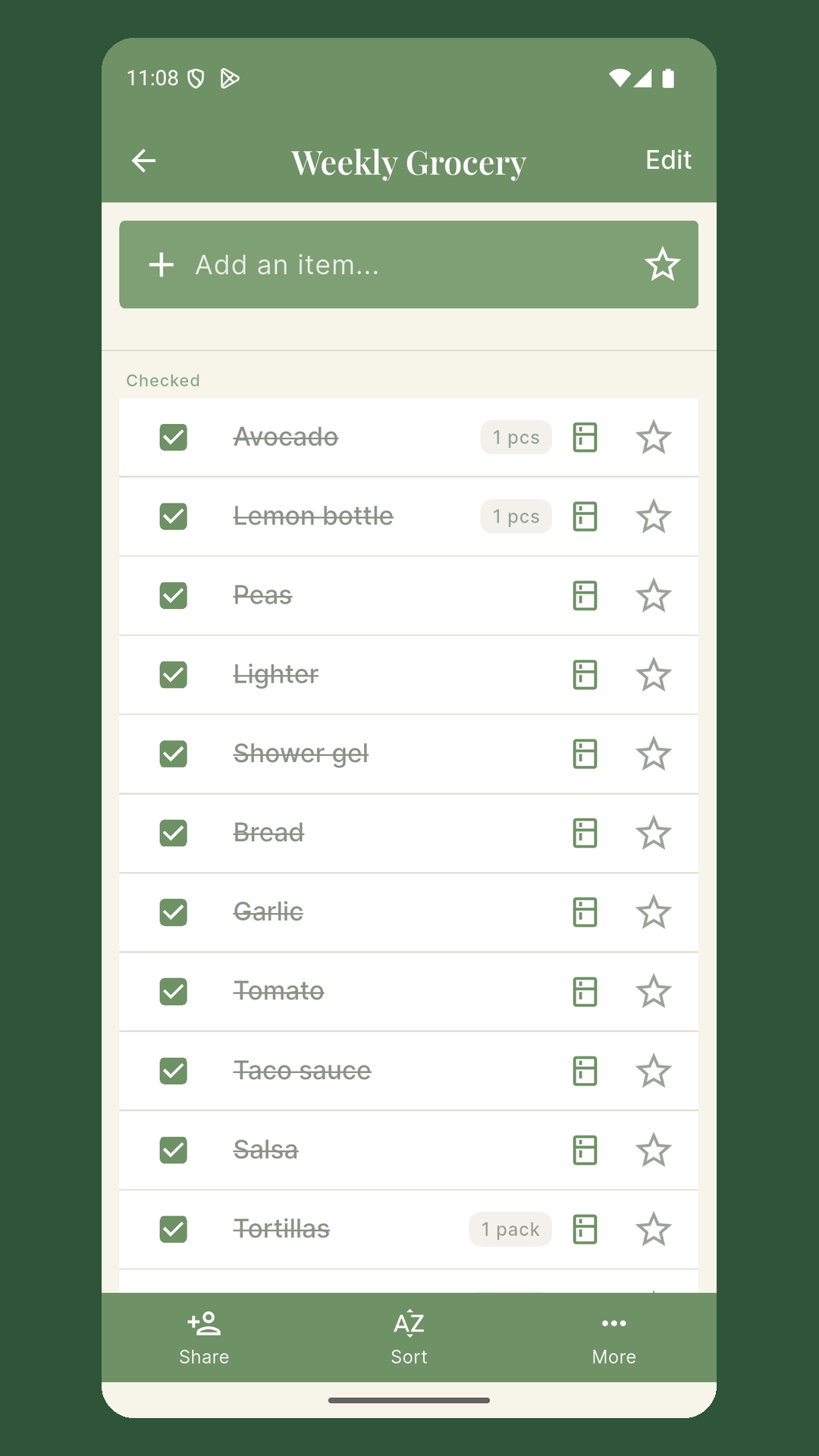 GroceryShare Shared list screen on mobile
