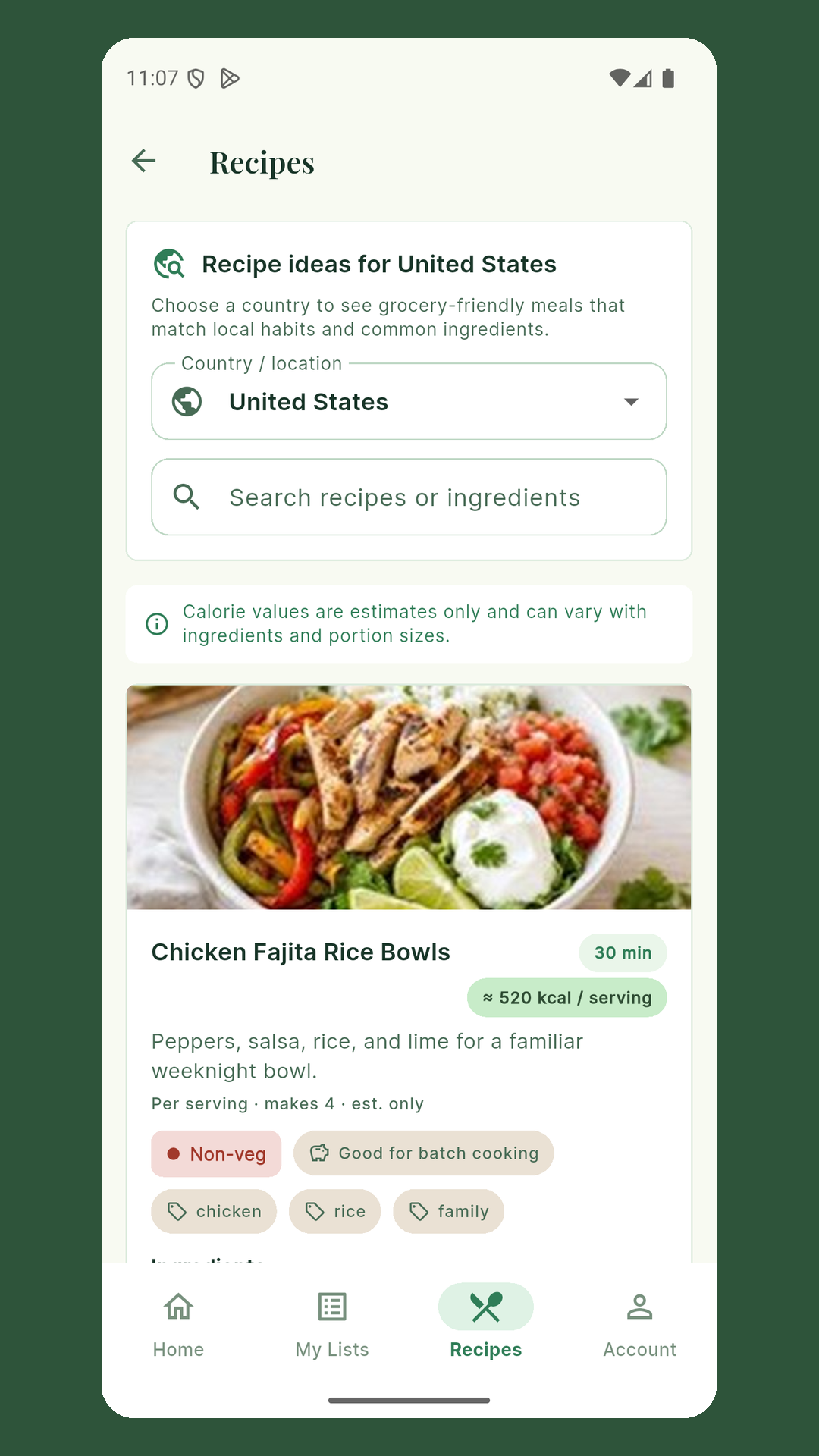 GroceryShare Recipes screen on mobile